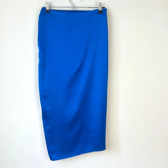 NWT Zara Satin Effect Ruched High Waist Slit Midi Skirt Cobalt Blue - Picture 6 of 9